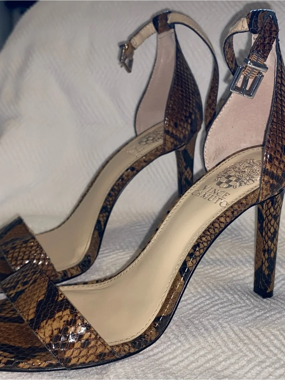 Vince Camuto Brown Snake-Print Ankle Strap Stiletto Sandals; 7.5M